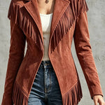 Faux Suede Slim-Fit Lapel Long-Sleeve Jacket with Fringe Detail