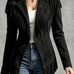 Faux Suede Slim-Fit Lapel Long-Sleeve Jacket with Fringe Detail