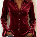 Velvet Button-Front Long-Sleeve Ruffled Shirt