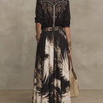 Black Gold Artistic Print Half-zip Shirt And Flowy Floral Midi Skirt Set