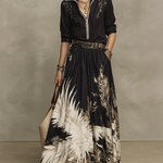 Black Gold Artistic Print Half-zip Shirt And Flowy Floral Midi Skirt Set