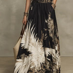 Black Gold Artistic Print Half-zip Shirt And Flowy Floral Midi Skirt Set