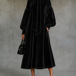 Black Velvet Midi Dress With Bow Detail And Lantern Sleeves