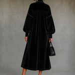 Black Velvet Midi Dress With Bow Detail And Lantern Sleeves