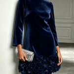 Navy Velvet Mini Dress With Round Neck And Bold Floral Accents