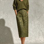 Olive Green Collar Knit Top And Zebra Linen Midi Skirt Two‑Piece Set