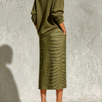 Olive Green Collar Knit Top And Zebra Linen Midi Skirt Two‑Piece Set
