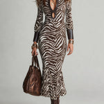 Brown Zebra-Print Cut-Out Keyhole Neck Maxi Dress