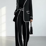 Black Contrast‑Piping Blazer & Wide‑Leg Trouser Two‑Piece Suit Set