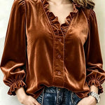 Velvet Ruffled V-neck Puff Sleeve Shirt