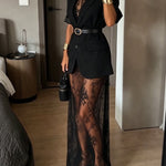 Black Short Sleeve Blazer & Sheer Floral Lace Slip Maxi Dress Two-piece Set(with belt)
