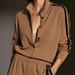 Camel Color-blocked Single-breasted Top And Wide-leg Pants Suit