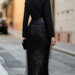 Black Blazer Bodice Sequin Fringe Midi Dress