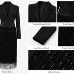 Black Blazer Bodice Sequin Fringe Midi Dress
