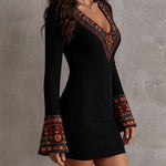 Black Ribbed Retro Ethnic Print Trim Flared Sleeve Mini Dress