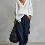 White V-neck Linen Blouse & Navy Wide Leg Pants Two Piece Set
