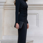 Black Long Sleeve Notch Lapel Ruched Blazer Midi Dress