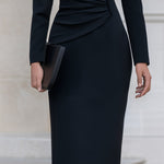 Black Long Sleeve Notch Lapel Ruched Blazer Midi Dress