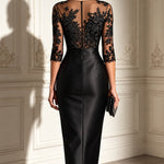 Black Lace Tulle Sleeve Bow Satin Midi Dress