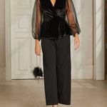 Black Velvet Wrap Ruffled Sheer-sleeved Top And Black Wide-leg Trousers Suit