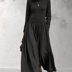 Black Turtleneck Ribbed Pleated Maxi Dress