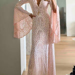 Pink Lace V-Neck Flare-Sleeve Maxi Dress With Side Slit