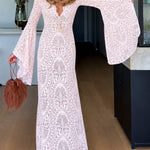 Pink Lace V-Neck Flare-Sleeve Maxi Dress With Side Slit