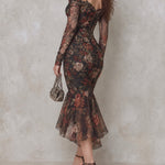 Vintage Floral Print Mesh Off-Shoulder Ruched Mermaid Midi Dress
