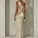 Champagne Floral Satin One Shoulder Sleeveless Sheath Maxi Dress