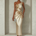 Champagne Floral Satin One Shoulder Sleeveless Sheath Maxi Dress