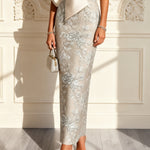 Champagne Ivory Floral Bow Satin One Shoulder Sleeveless Maxi Dress