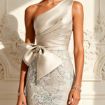 Champagne Ivory Floral Bow Satin One Shoulder Sleeveless Maxi Dress