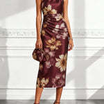 Burgundy Satin One-shoulder Midi dress With Bold Floral Appliqué