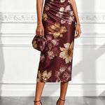 Burgundy Satin One-shoulder Midi dress With Bold Floral Appliqué