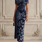 Blue Floral Split Joint Ruched Velvet One Shoulder Short Sleeve Bodycon Maxi Dress