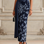 Blue Floral Split Joint Ruched Velvet One Shoulder Short Sleeve Bodycon Maxi Dress