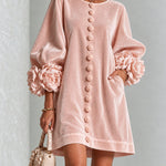 Pink Velvet Floral Button-down Mini Dress With Striking Floral Cuffs