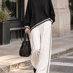 Black Asymmetric Contrast Trim Top & White Wide-Leg Pants Set