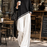Black Asymmetric Contrast Trim Top & White Wide-Leg Pants Set