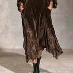 Brown Velvet Cowl Neck Asymmetrical Lace Hem Midi Dress