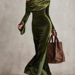 Olive Green Velvet Asymmetrical Off-Shoulder Turtleneck Ruched Maxi Dress