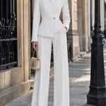 White Pleated Lapel Single-Button Peplum Blazer & Wide-Leg Pants Set