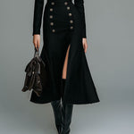 Black Double-Breasted Button Slit Midi Dress