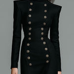 Black Double-Breasted Button Slit Midi Dress