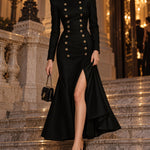 Black Double-Breasted Button Slit Midi Dress