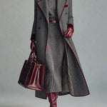 Grey Herringbone Wool Long Coat With Velvet Trim