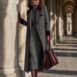 Grey Herringbone Wool Long Coat With Velvet Trim