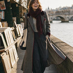 Grey Herringbone Wool Long Coat With Velvet Trim