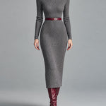 Grey High Neck Ribbed-knit Slim-fit Midi Dress With Belt