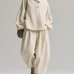 Beige Vertical Waffle-knit Henley Loose Top And Loose Lantern Pants Set